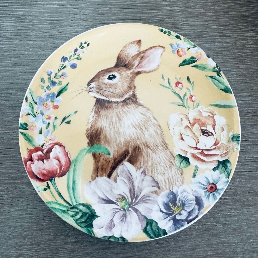 Easter Bunny Rabbit Yellow Floral Trinket Tray Ceramic Plate